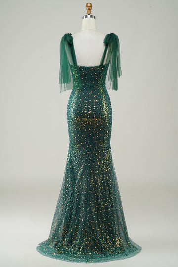 Sparkly Dark Green Mermaid Sequin Long Ball Dress with Slit